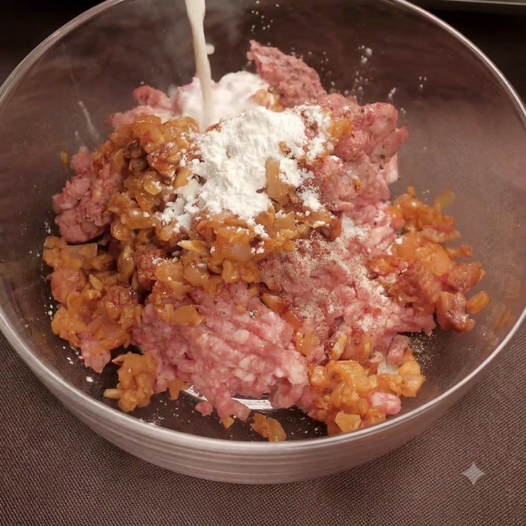 Eine Hand mit schwarzem Handschuh verknetet das Hackfleisch und die Gewürze in einer Glasschüssel gründlich.