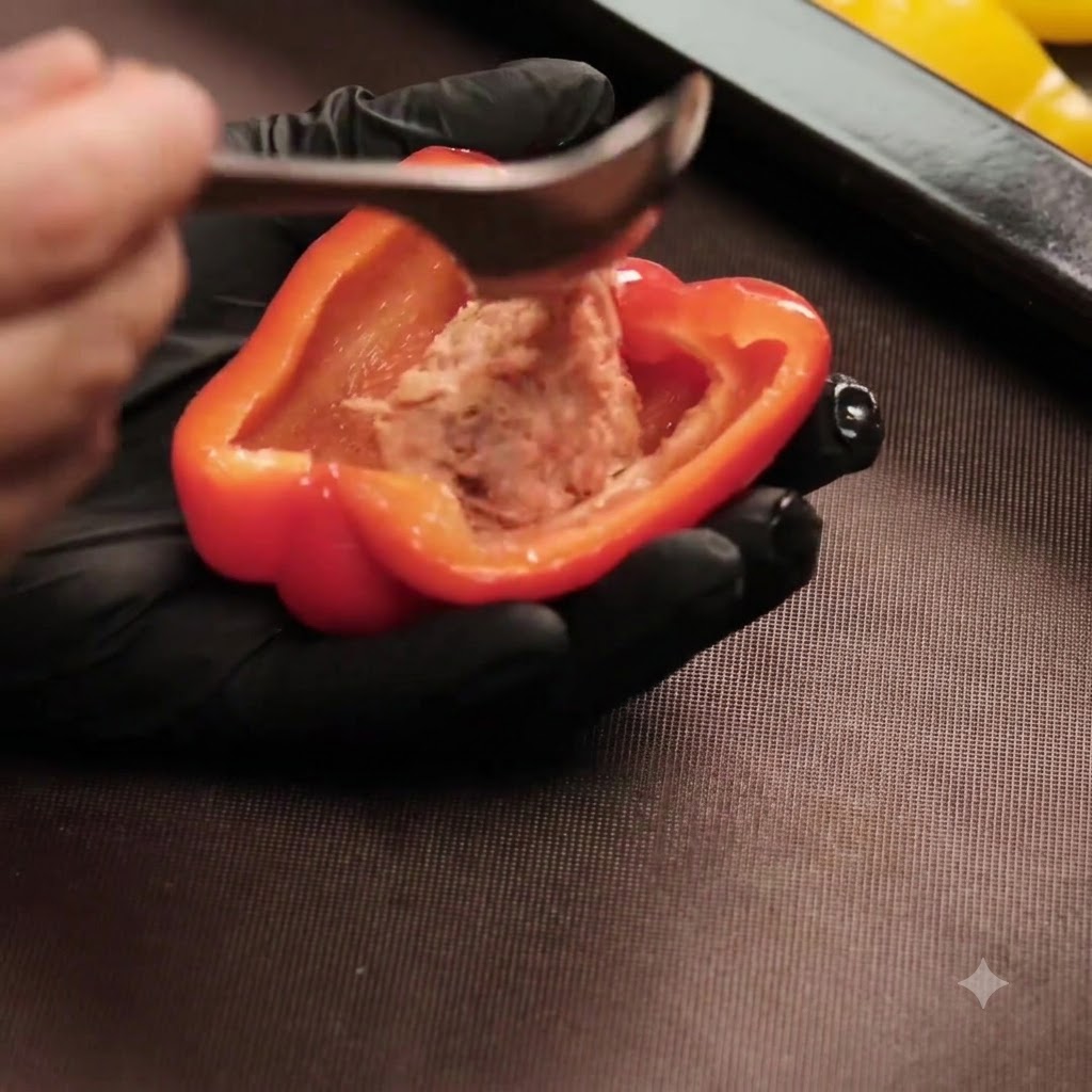 Eine behandschuhte Hand hält eine halbe rote Paprika und füllt sie mit einem Löffel mit Hackfleisch.