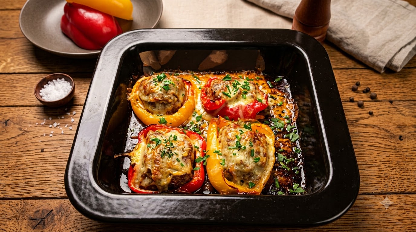 Gefüllte Paprika mit würzigem Hackfleisch und geschmolzenem Käse