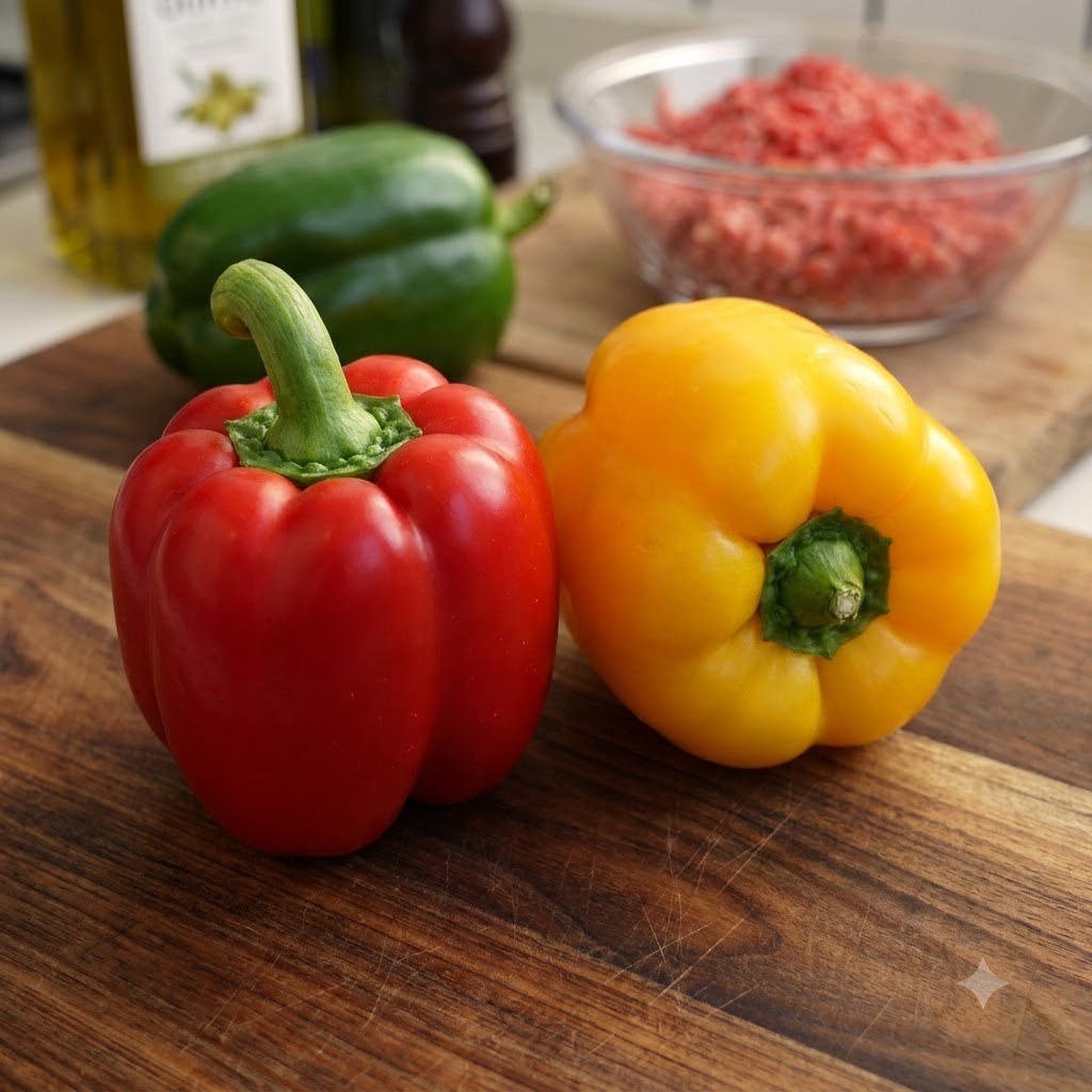 Eine Nahaufnahme von Händen, die den oberen Teil einer leuchtend roten Paprika abschneiden und das innere Kerngehäuse entfernen.