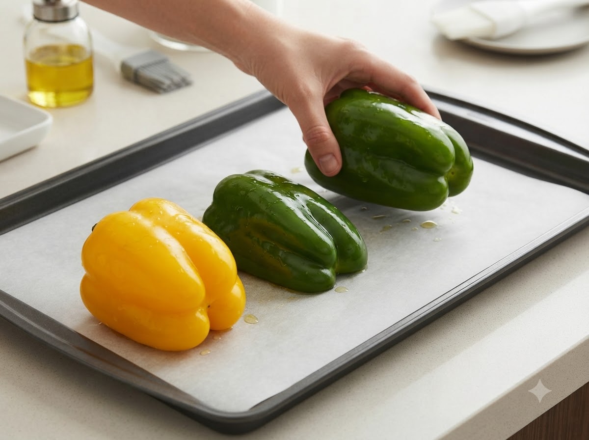 Paprikaschoten werden auf einem mit Backpapier ausgelegten Backblech angeordnet.