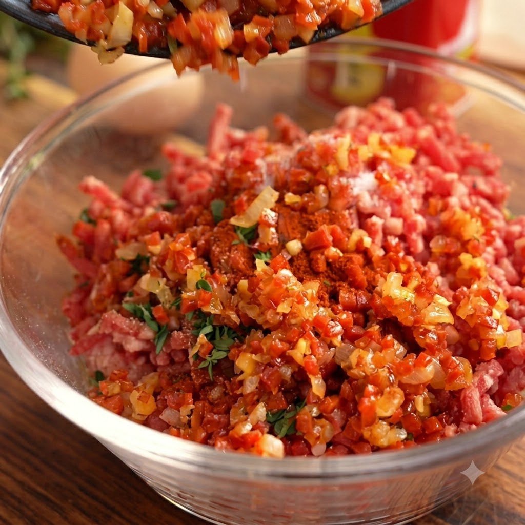 Gewürze, Kräuter und Gewürze werden aus einer Pfanne in eine Glasschüssel mit rohem Hackfleisch gegossen.