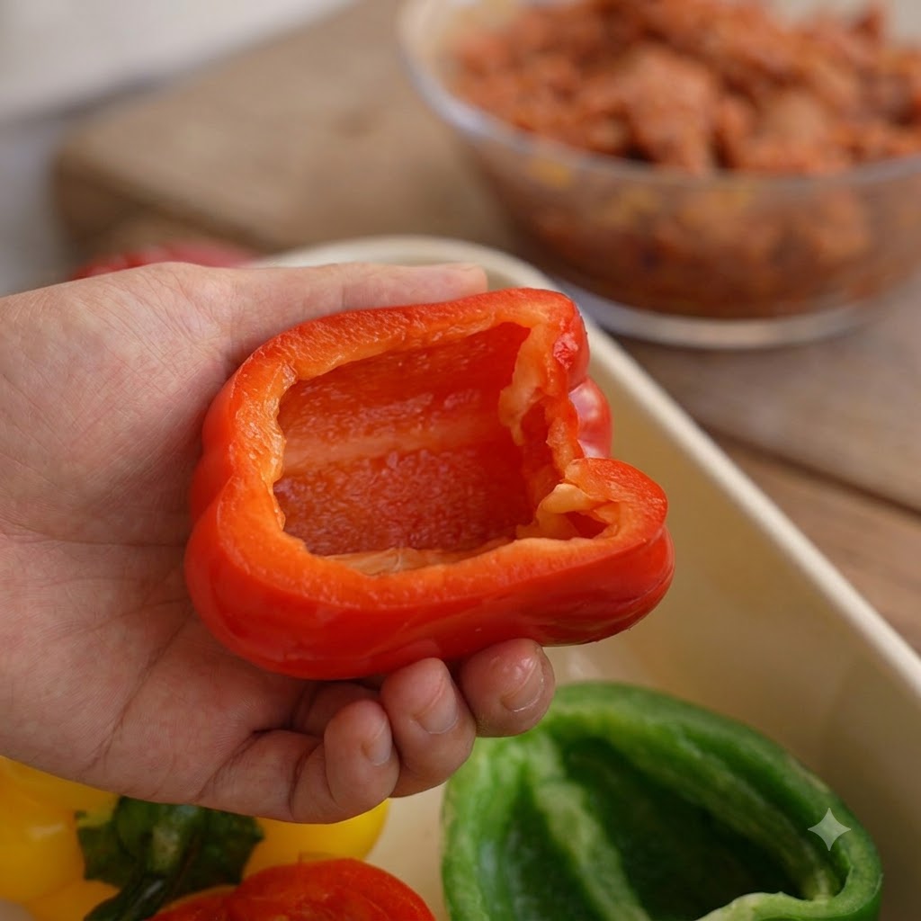 Eine Hand hält eine ausgehöhlte rote Paprika bereit zum Füllen, mit einer Schüssel Fleischfüllung im Hintergrund.