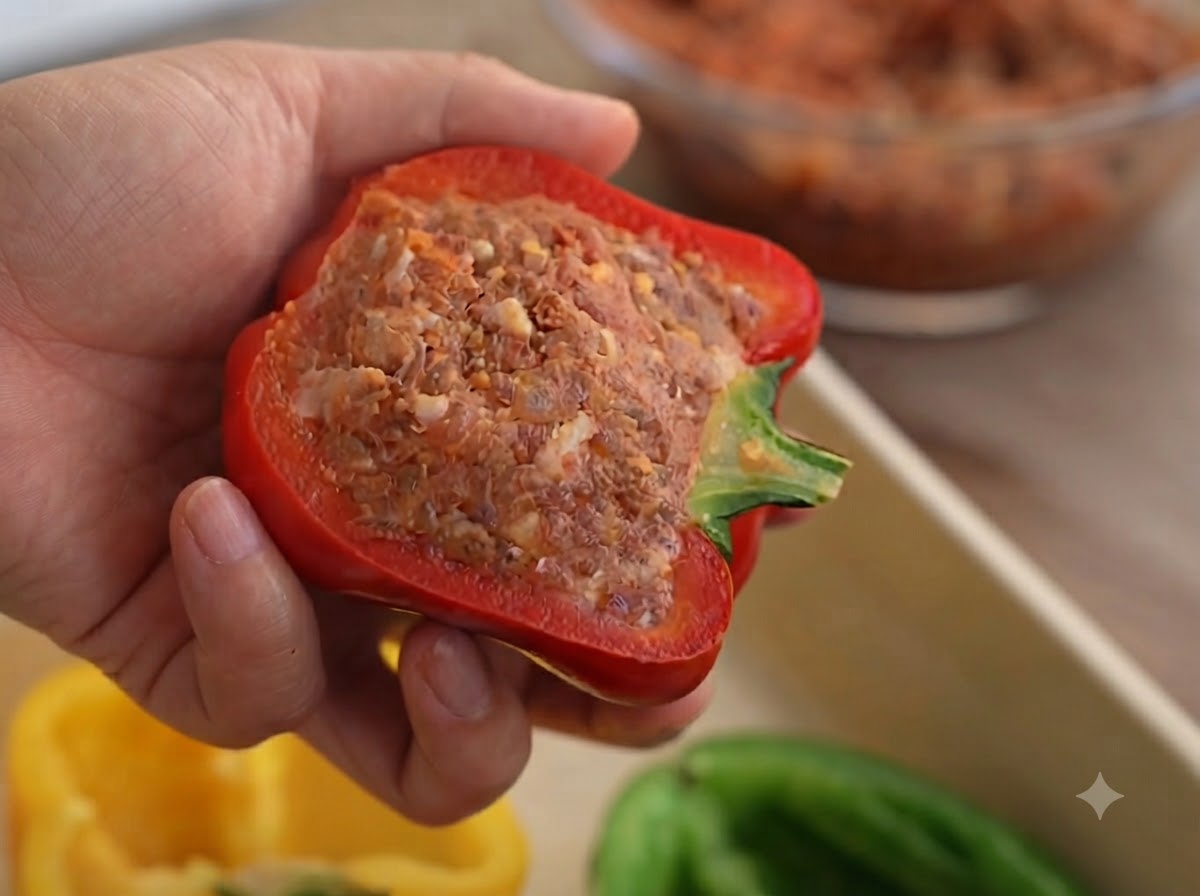 Eine Nahaufnahme einer leuchtend roten Paprika, die vollständig mit gewürztem Hackfleisch gefüllt ist.