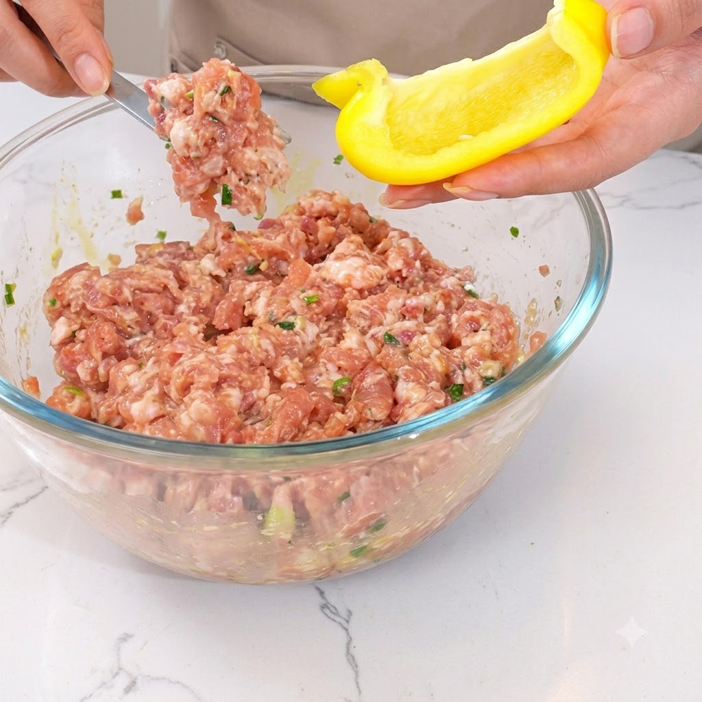 Hackfleisch wird mit Besteck in eine gelbe Paprikahälfte gefüllt.