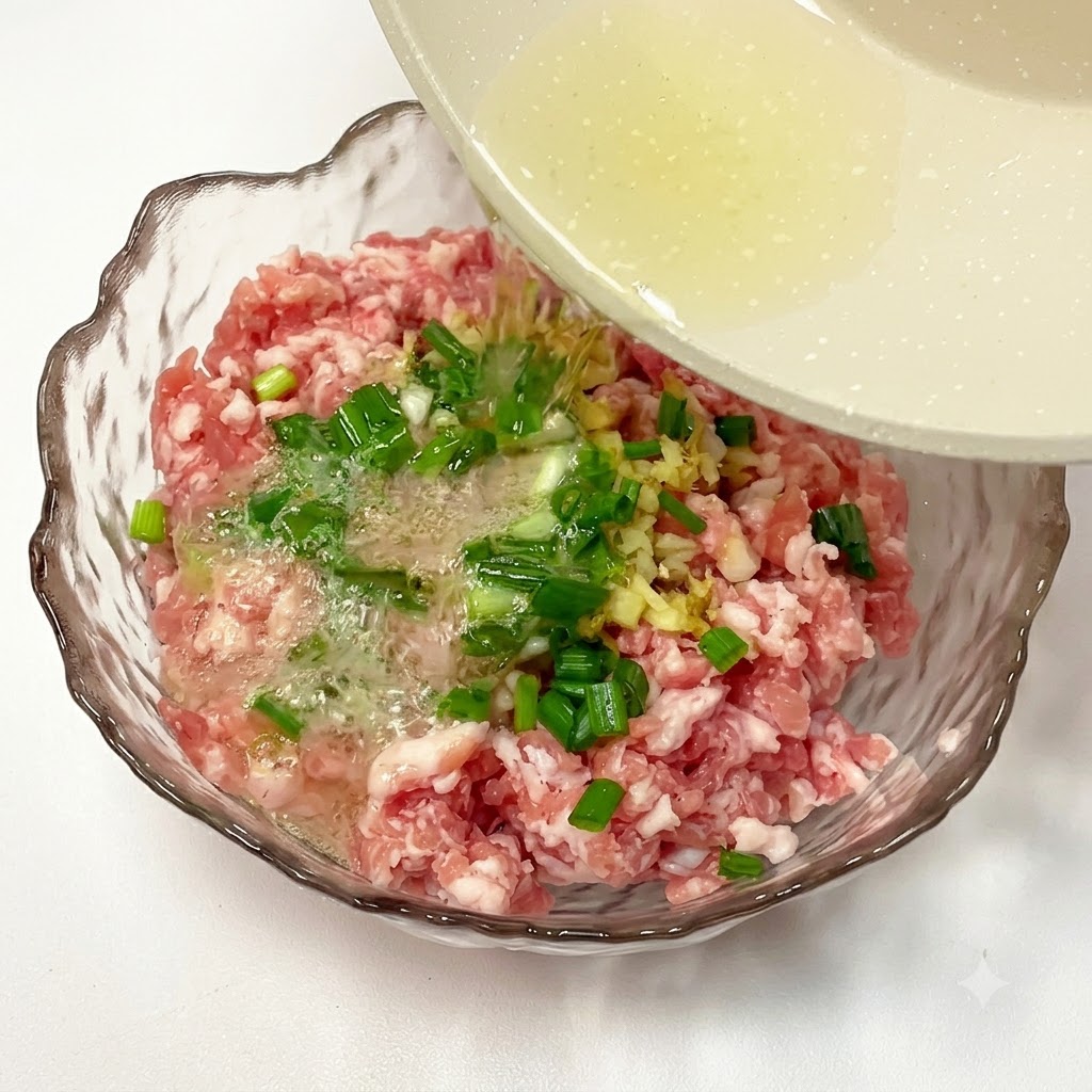 Heißes Öl wird über Frühlingszwiebeln und Ingwer auf dem Hackfleisch gegossen.