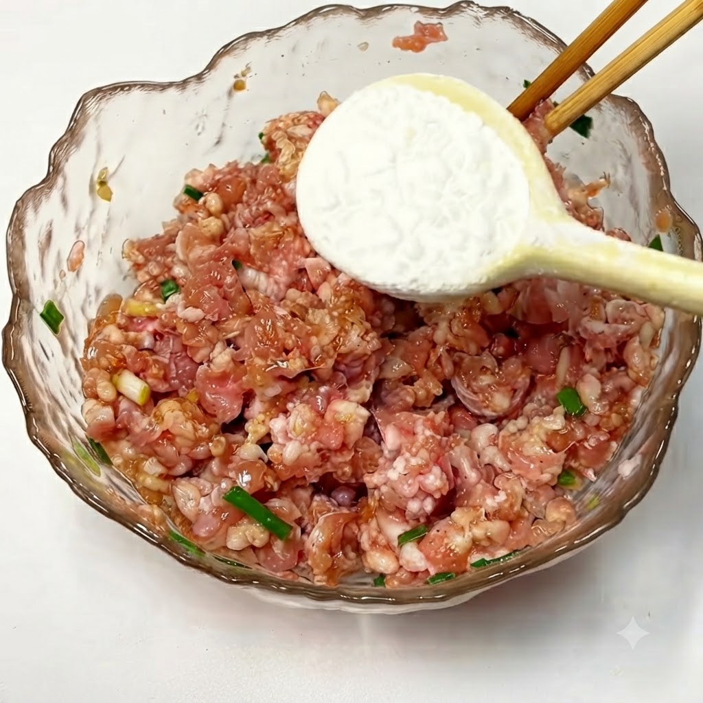 Stärke wird in das Hackfleisch gegeben und mit Stäbchen untergerührt.