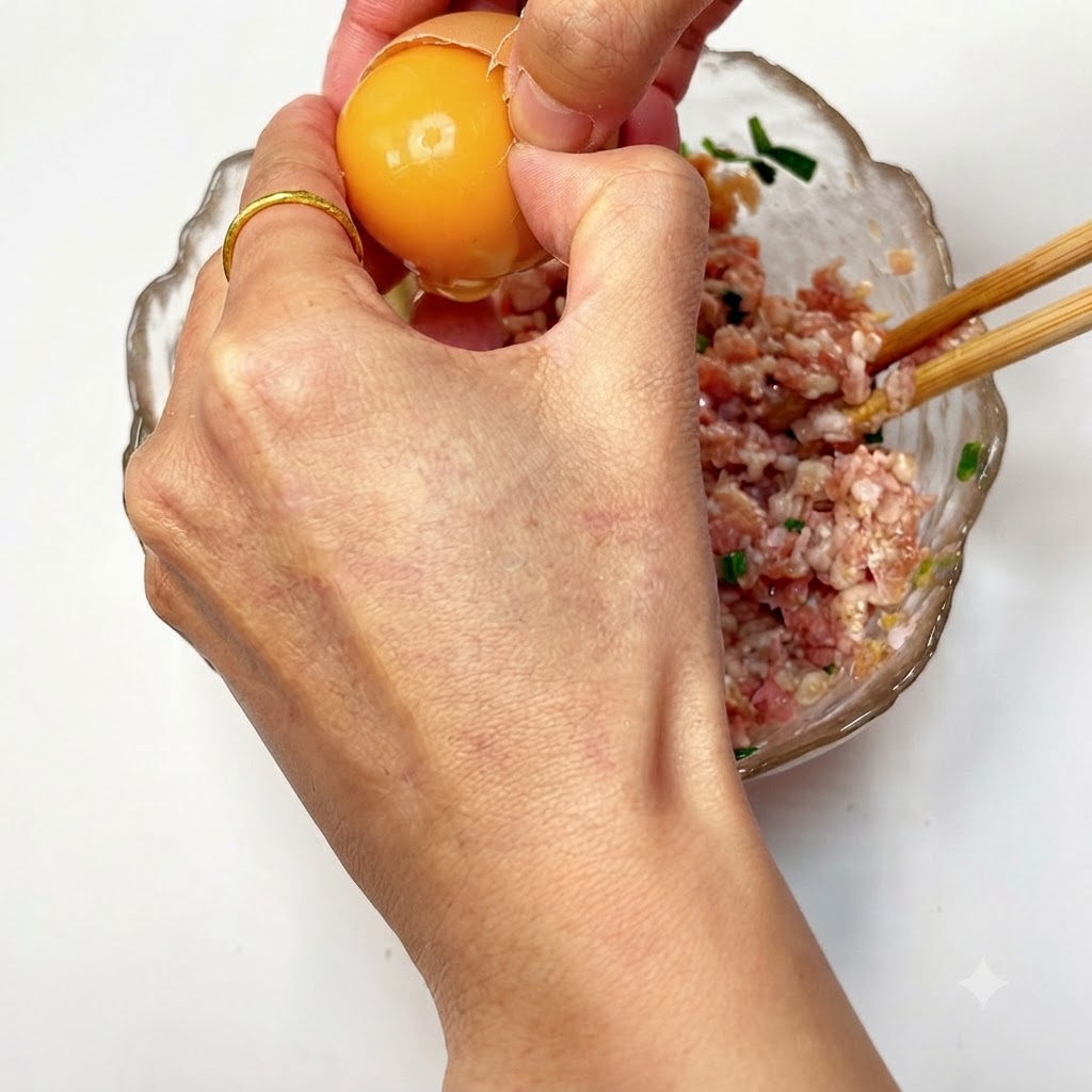 Ein Ei wird über der Schüssel mit Hackfleisch aufgeschlagen.