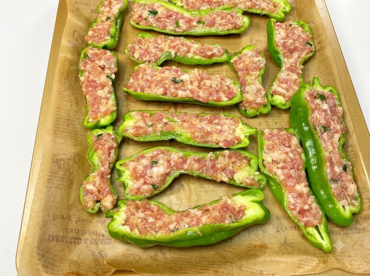 Gefüllte grüne Paprika auf einem mit Backpapier ausgelegten Backblech angeordnet.