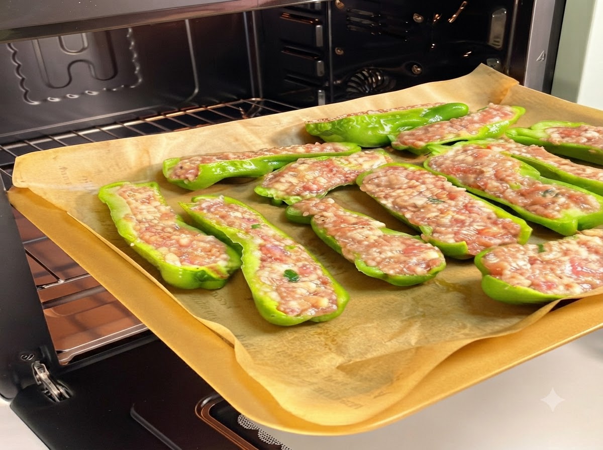 Ein mit gefüllten grünen Paprika gefülltes Backblech wird in den Ofen auf das Rost geschoben.
