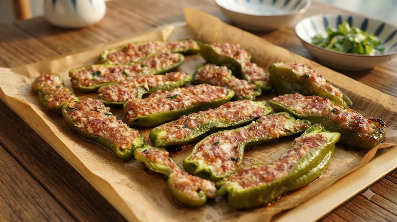 Gebackene gefüllte grüne Paprika mit pikantem Hackfleisch