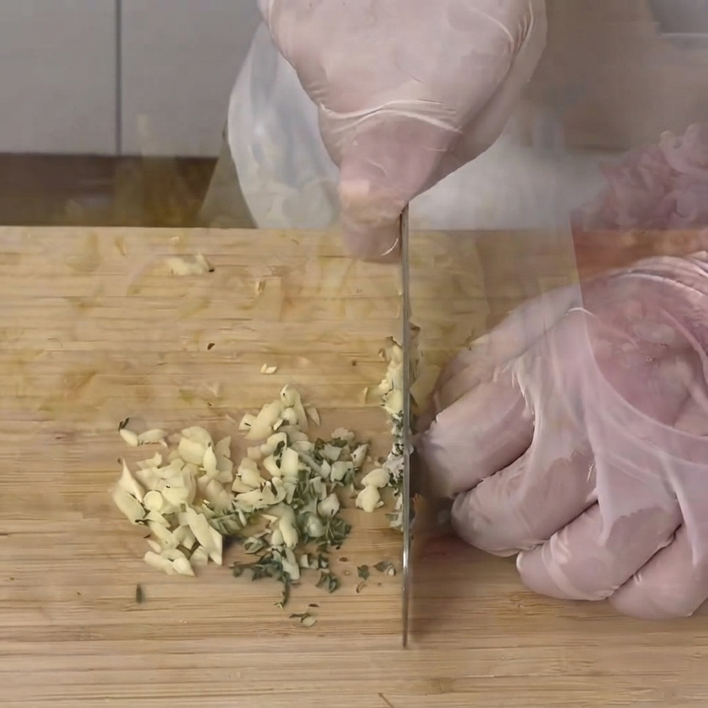 Fein gehackter Knoblauch und Thymiankräuter werden mit einem Messer auf einem Holzschneidebrett zerkleinert.