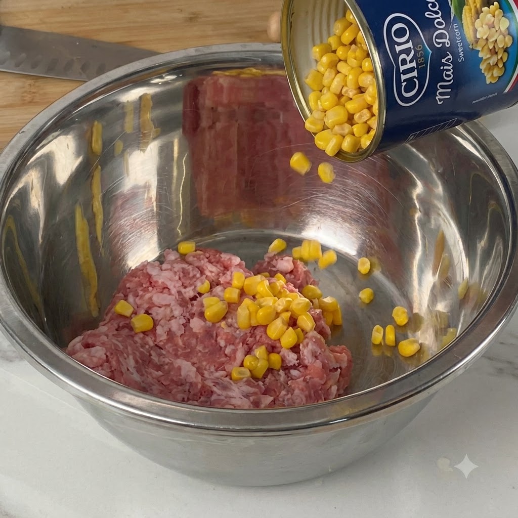 Süßmaiskörner werden aus einer Dose in eine Edelstahlschüssel mit rohem Schweinehackfleisch geschüttet.