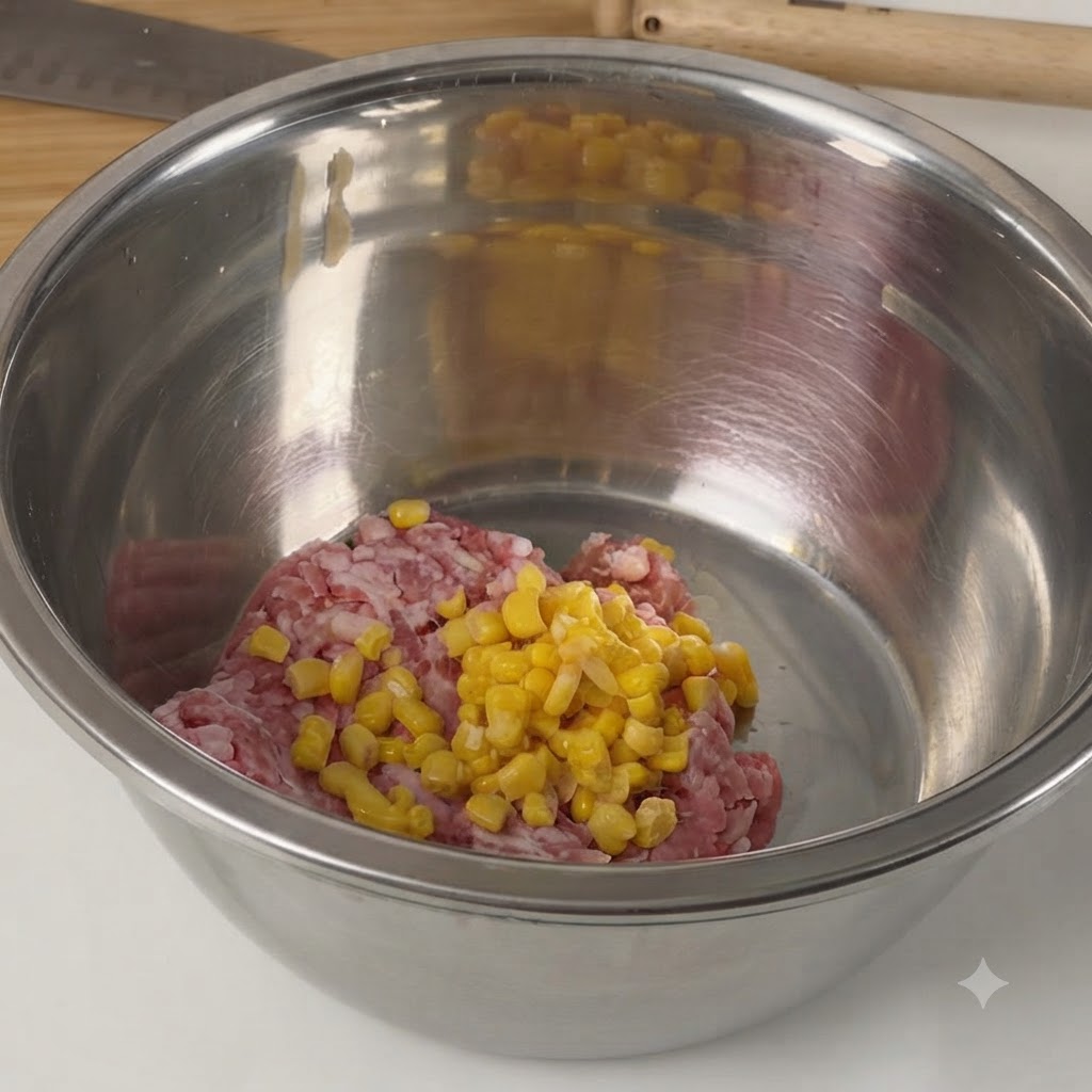 Eine Rührschüssel aus Edelstahl gefüllt mit rohem Schweinehackfleisch und Süßmaiskörnern.