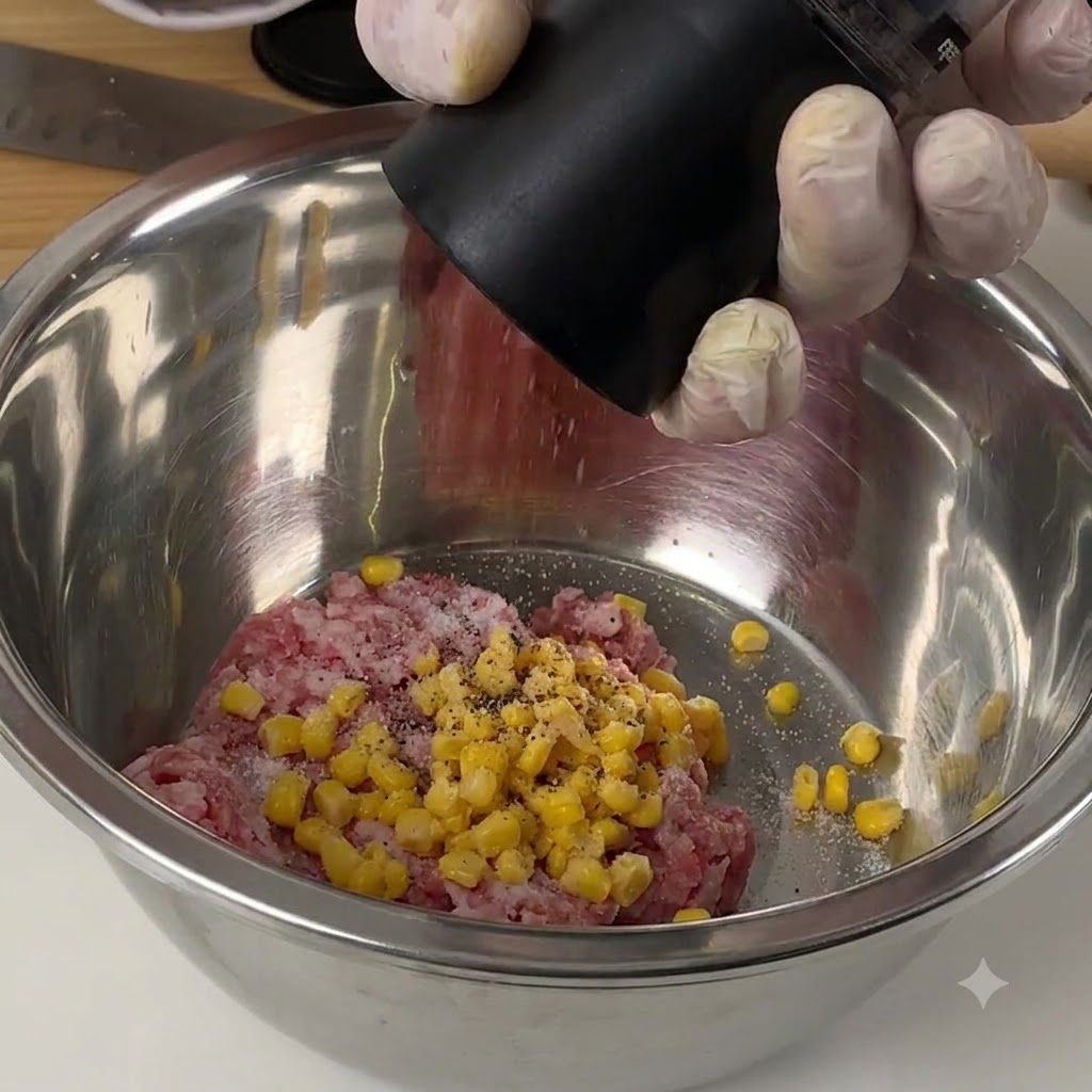 Eine Pfeffermühle mahlt schwarzen Pfeffer über Hackfleisch und Mais in einer Metallschüssel.