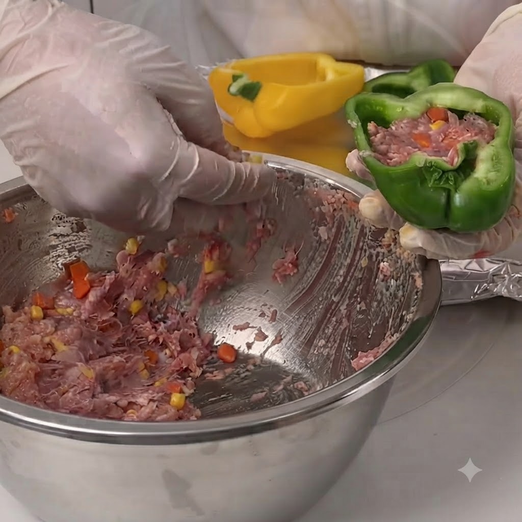 Eine behandschuhte Hand füllt Hackfleisch in eine ausgehöhlte grüne Paprikahälfte.