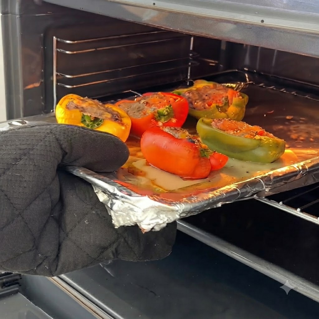 Ein Topflappen zieht ein Backblech mit halbgebackenen gefüllten Paprikaschoten aus dem Ofen.
