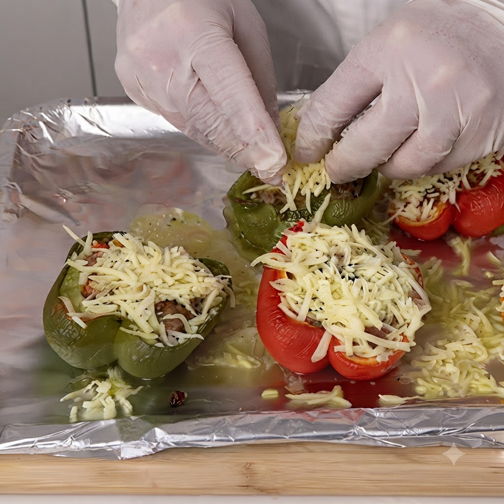 Behandschuhte Hände streuen geriebenen Mozzarella-Käse über gefüllte grüne und rote Paprikaschoten auf einem mit Alufolie ausgelegten Backblech.
