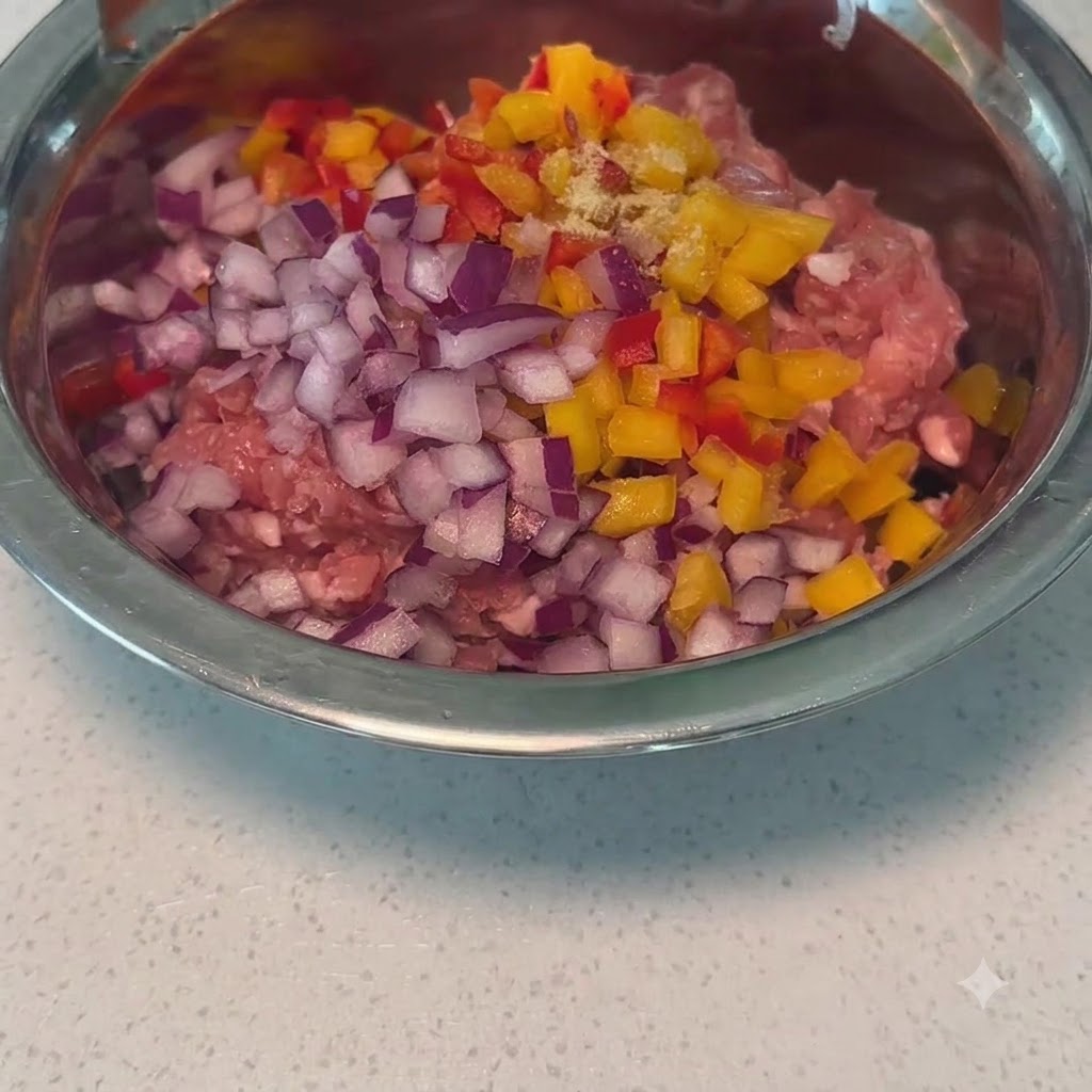 Gewürfelte rote und gelbe Paprika sowie rote Zwiebeln liegen auf Hackfleisch in einer Metallschüssel.