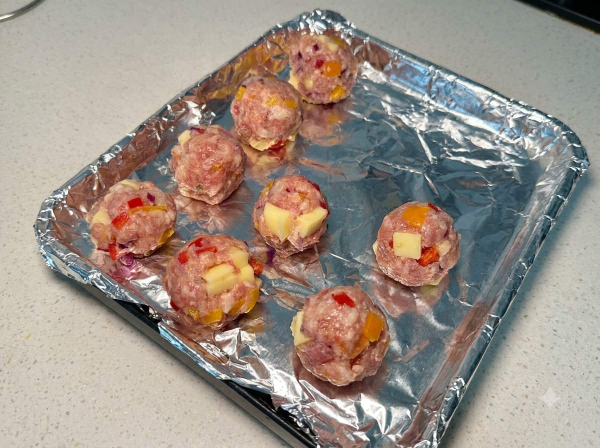 Geformte Fleischbällchen aus Schweinefleisch und Käse auf einem mit Alufolie ausgelegten Backblech.