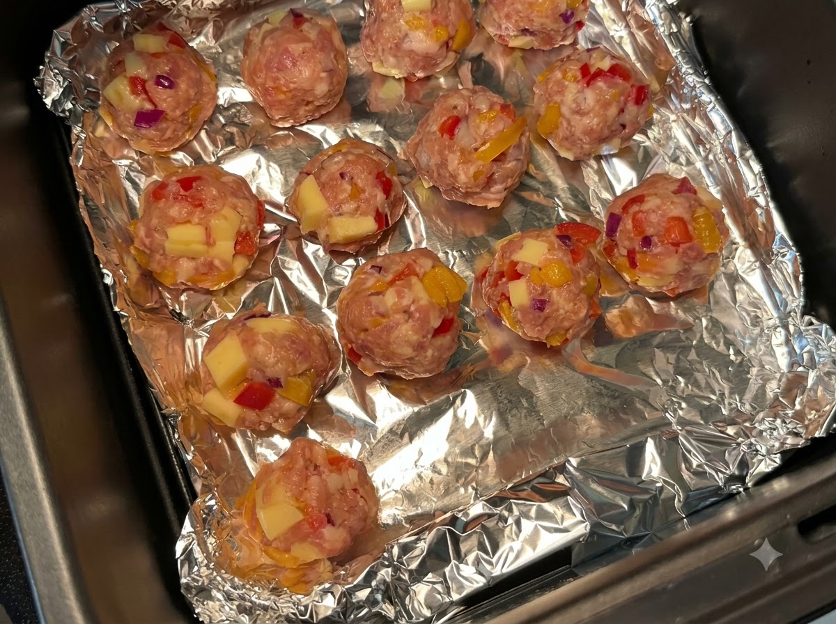 Das mit Fleischbällchen beladene Backblech wird in das Fach der Heißluftfritteuse geschoben.