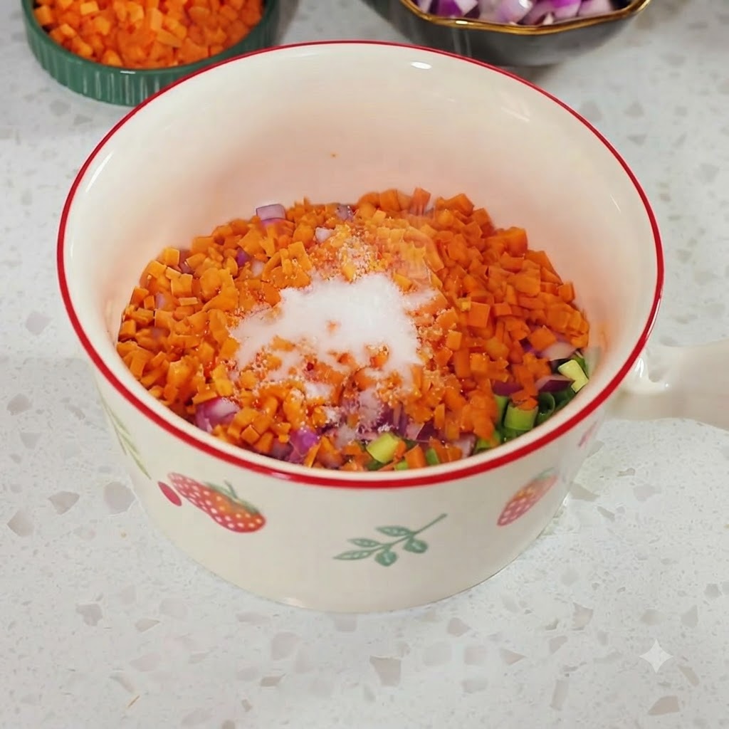 Eine Portion weißes Salz über fein gewürfelten Karotten und roten Zwiebeln in einer weißen Schüssel.