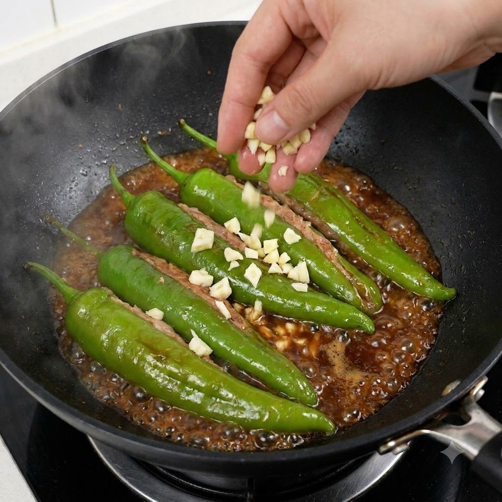 Gehackter Knoblauch, gehackte rote Chilischoten und weiße Sesamsamen werden über schmorende gefüllte grüne Paprika in einem Wok gestreut.