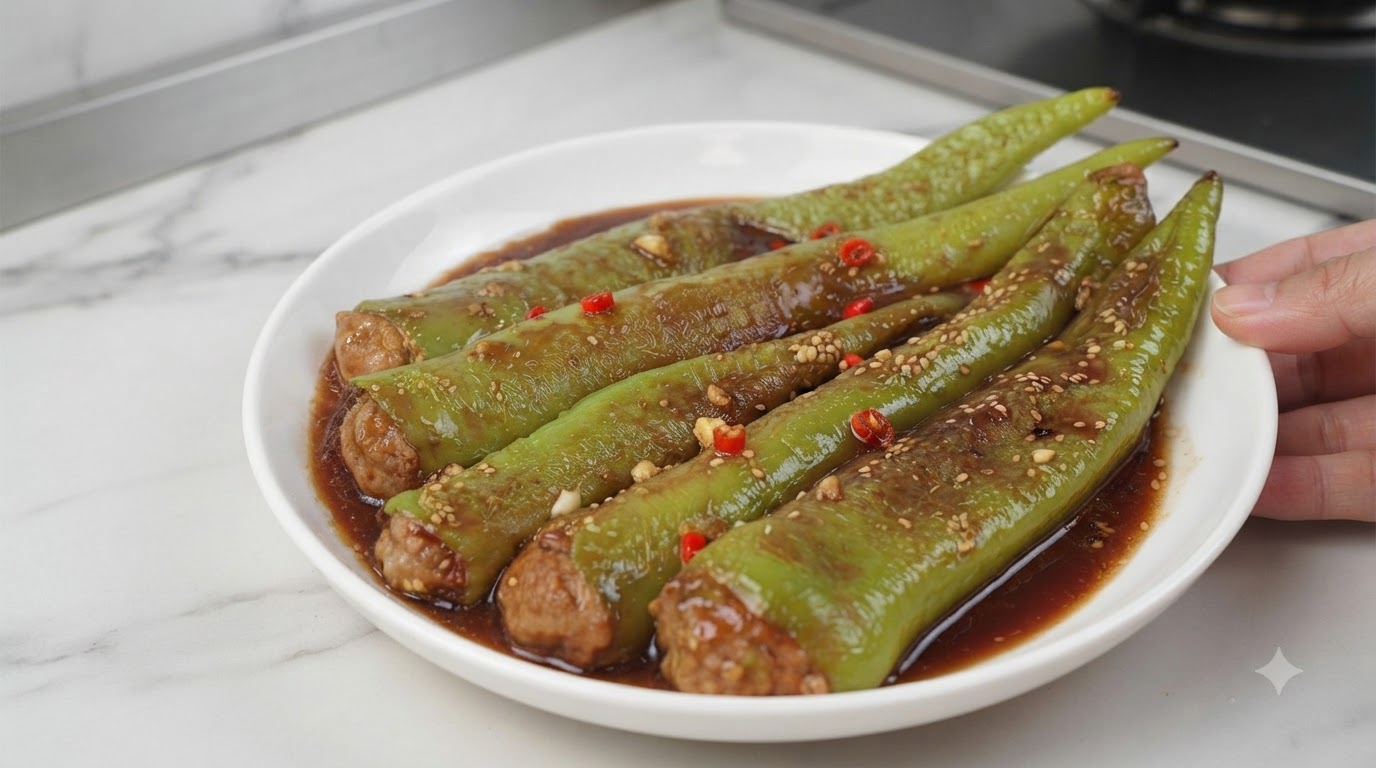Pfannengerichtete gefüllte grüne Paprika mit pikanter Soße