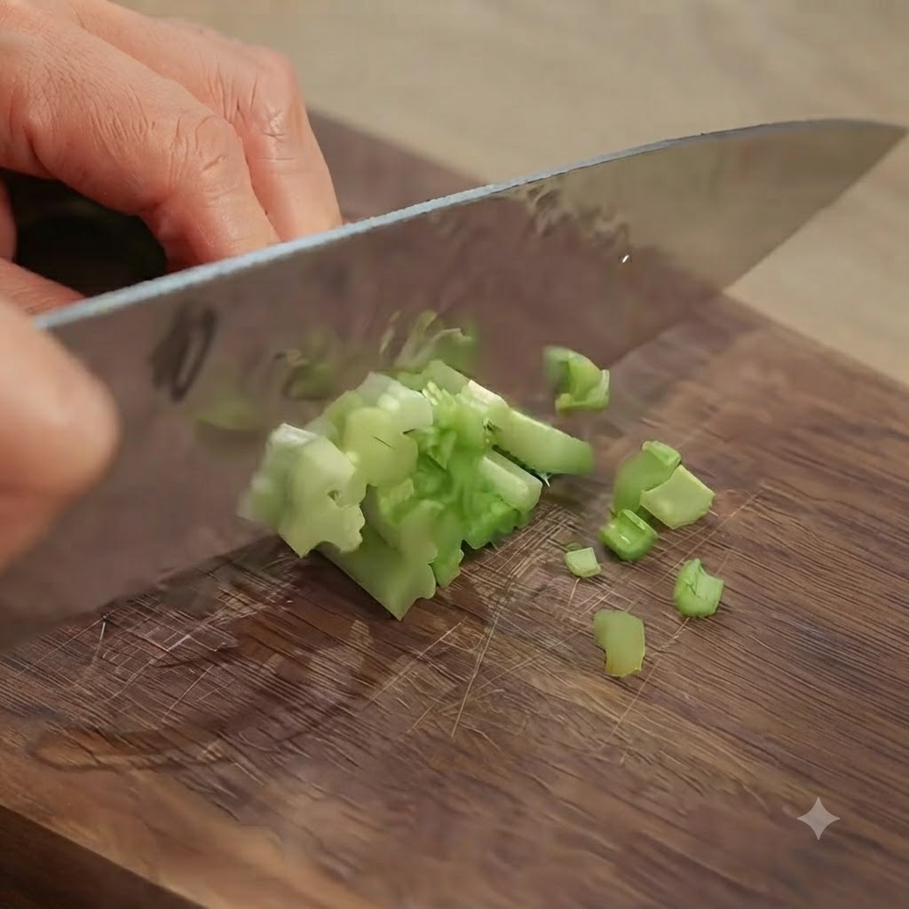Kartoffeln werden mit einem Messer auf einem Holzschneidebrett in kleine Würfel geschnitten.
