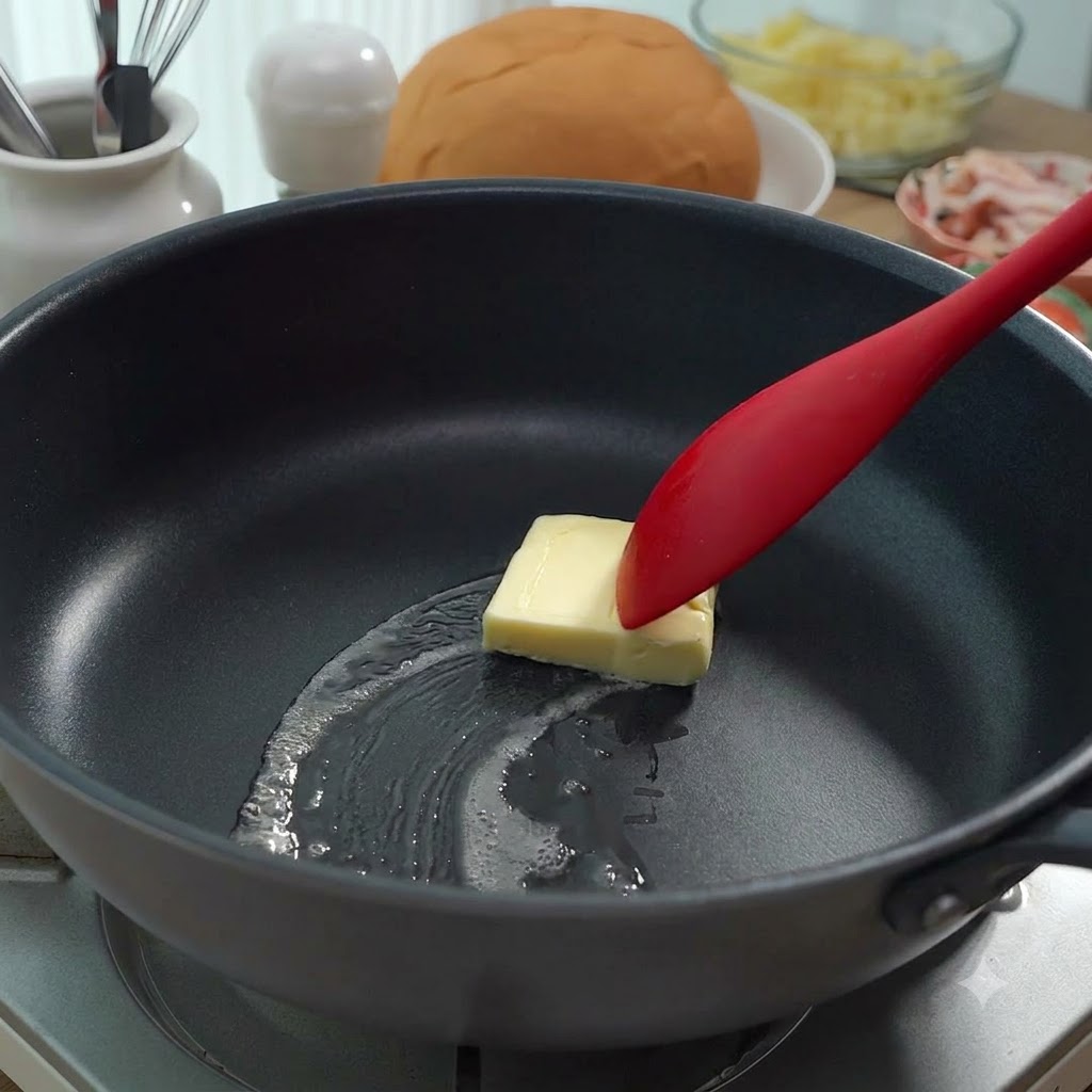 Butter schmilzt in einer Pfanne, während Mehl mit einem roten Spatel eingerührt wird.