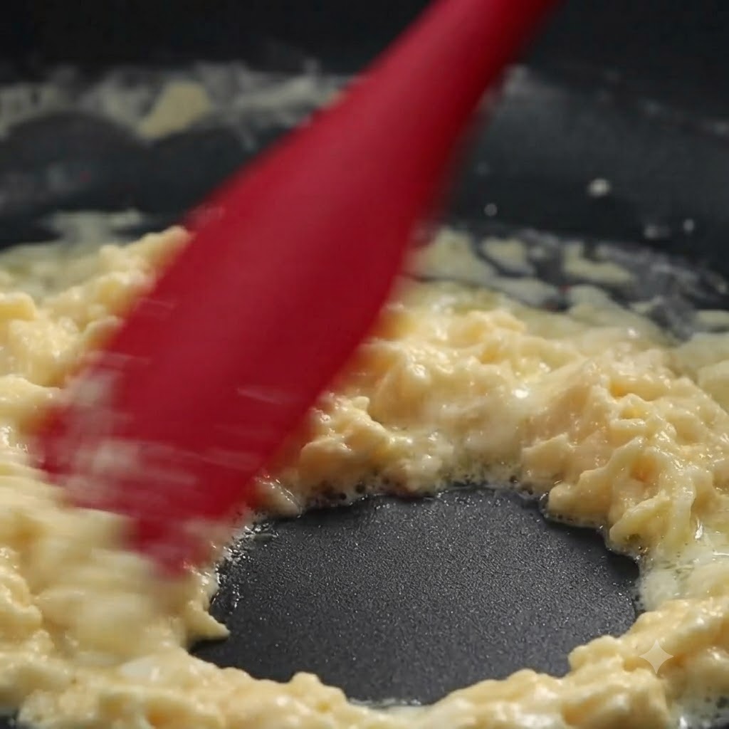 Milch und Schlagsahne werden mit einem Spatel in einer Pfanne in eine dicke Mehlschwitze eingearbeitet.