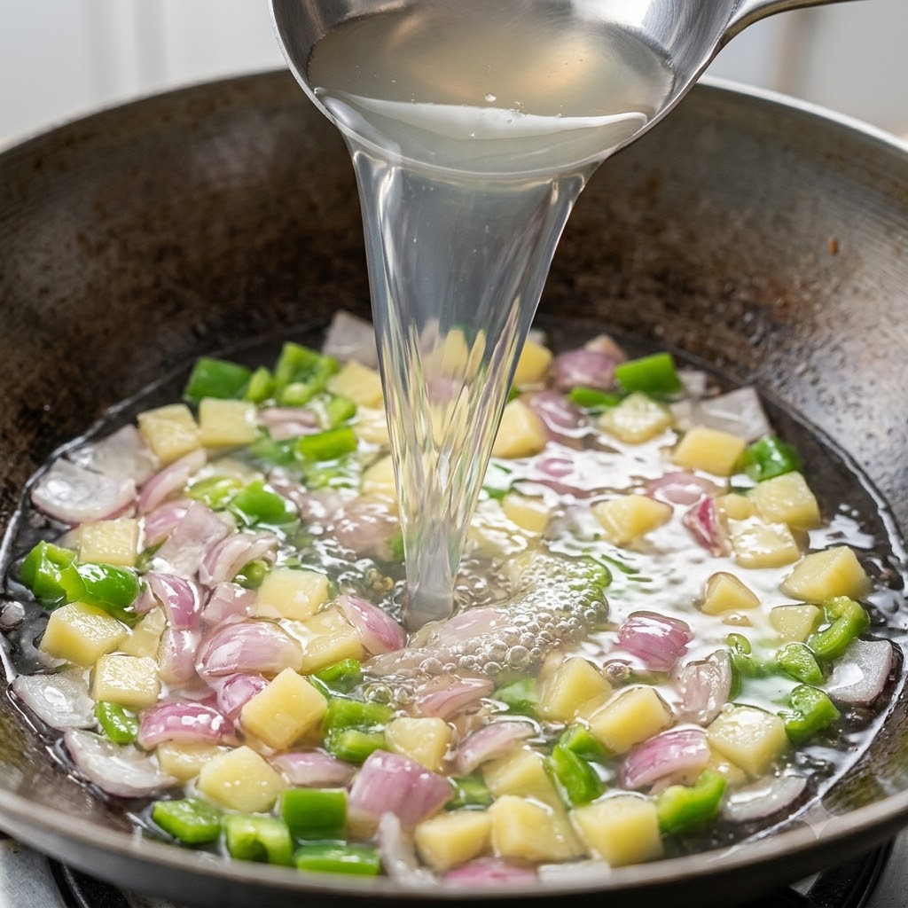 Muschelbrühe wird aus einer Kelle in eine Pfanne mit gewürfeltem Gemüse und Speck gegossen.