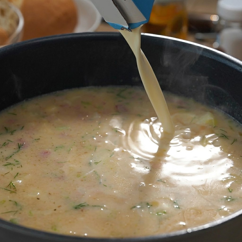 Milch und Schlagsahne werden aus einem Karton in einen köchelnden Topf mit cremiger Muschelsuppe gegossen.