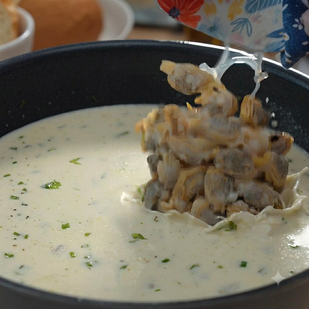 Muschelfleisch wird aus einer Schüssel in einen Topf mit cremiger, weißer Suppe gegeben.