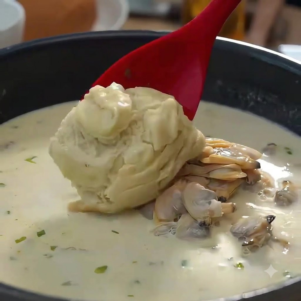 Ein roter Löffel schöpft helle Sauce in einen Topf mit cremiger Suppe und Muscheln.