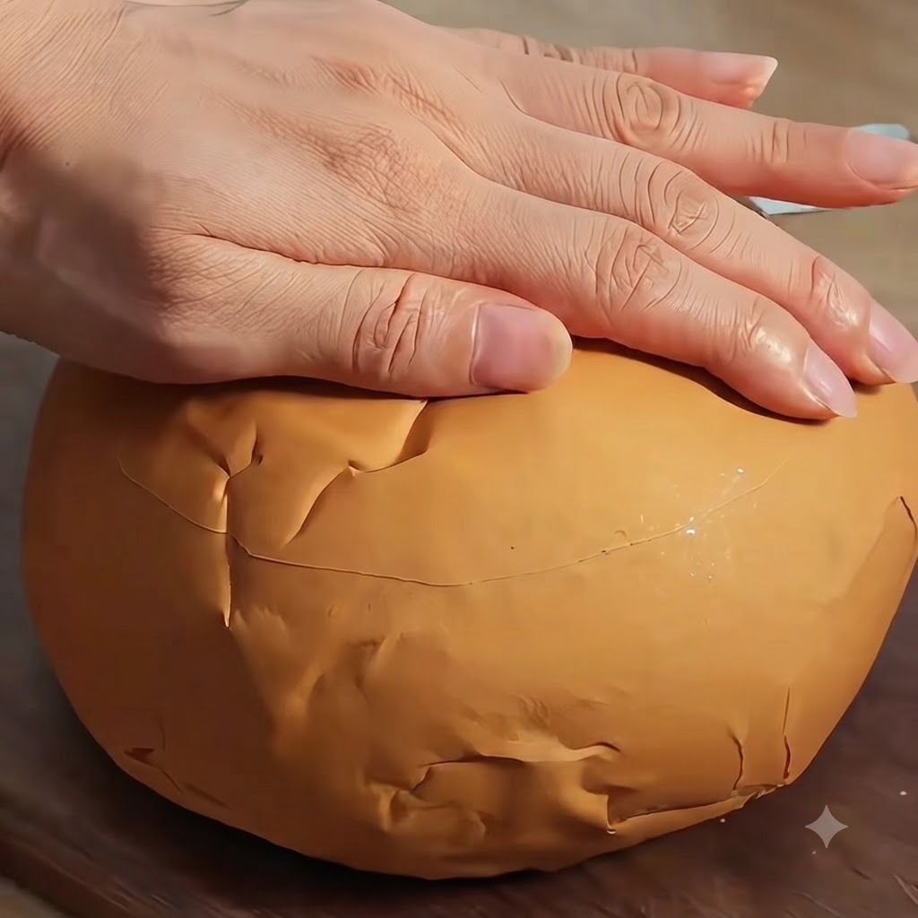 Ein Paar Hände schneidet den oberen Teil eines runden Brotlaibs ab, um einen hohlen Brotlaib zu formen.