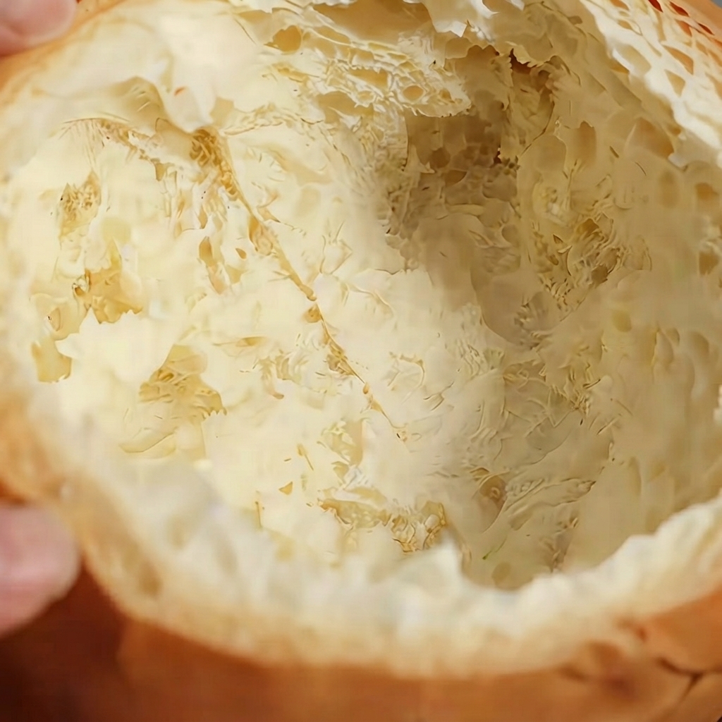 Nahaufnahme des Inneren eines ausgehöhlten Bauernbrotlaibs, bereit zum Befüllen mit Suppe.
