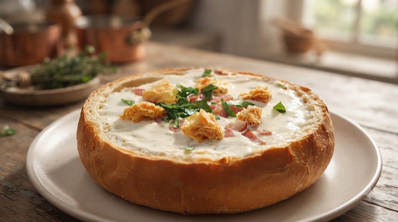 Klassische Amerikanische Clam Chowder im Brotlaib
