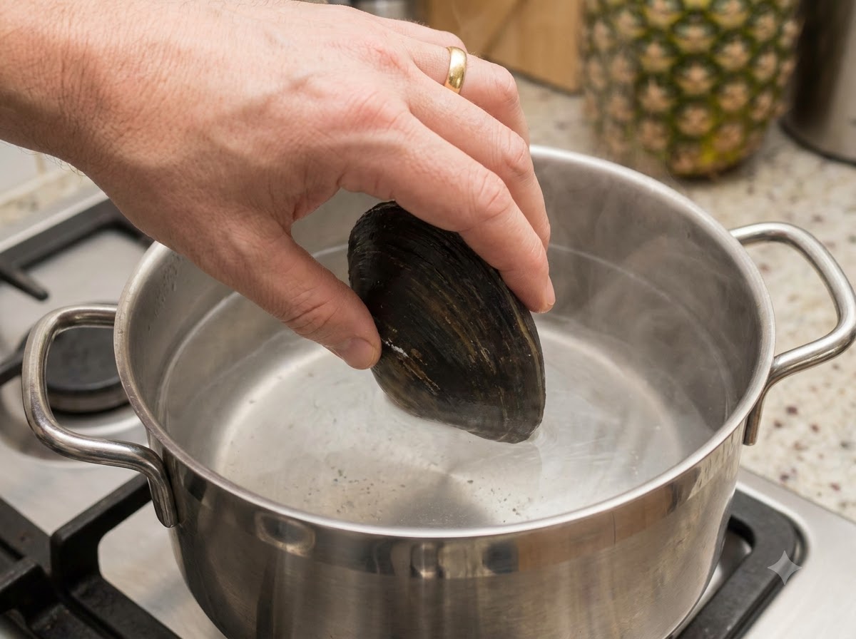 Venusmuscheln und Grünlippmuscheln werden in einem Suppentopf in kochendes Wasser gegeben.
