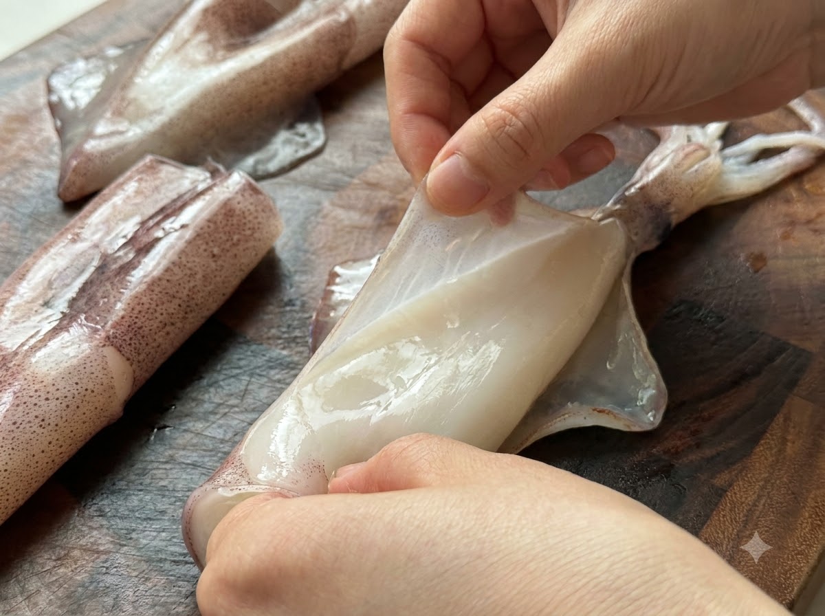 Hände ziehen die purpurfarbene Außenhaut von einem frischen Tintenfisch auf einem Holzschneidebrett ab.