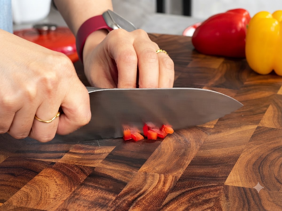 Rote und gelbe Paprika werden mit einem scharfen Messer auf einem Holzschneidebrett gleichmäßig gewürfelt.