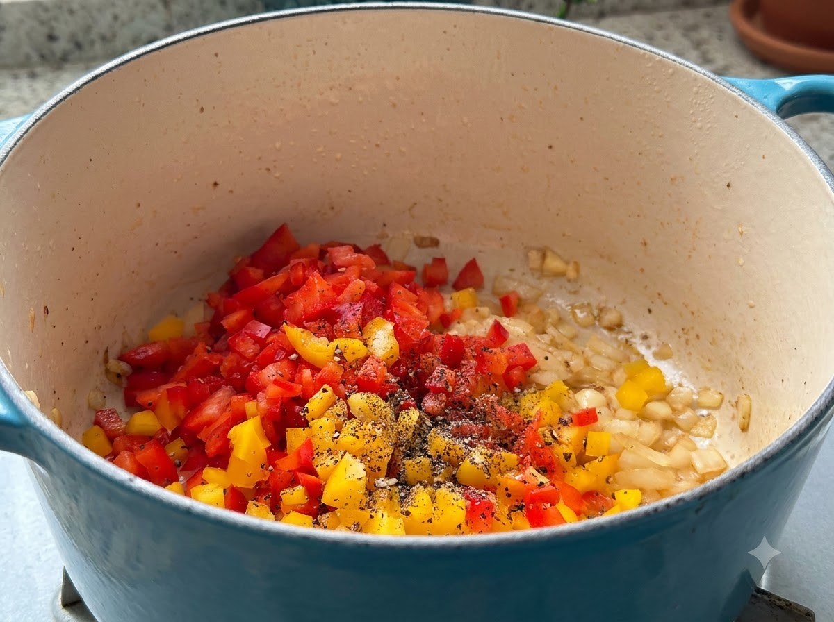 Nahaufnahme von geräuchertem Paprikapulver und Gewürzen, die über gewürfelte Paprika und Zwiebeln in einem Topf gestreut werden.