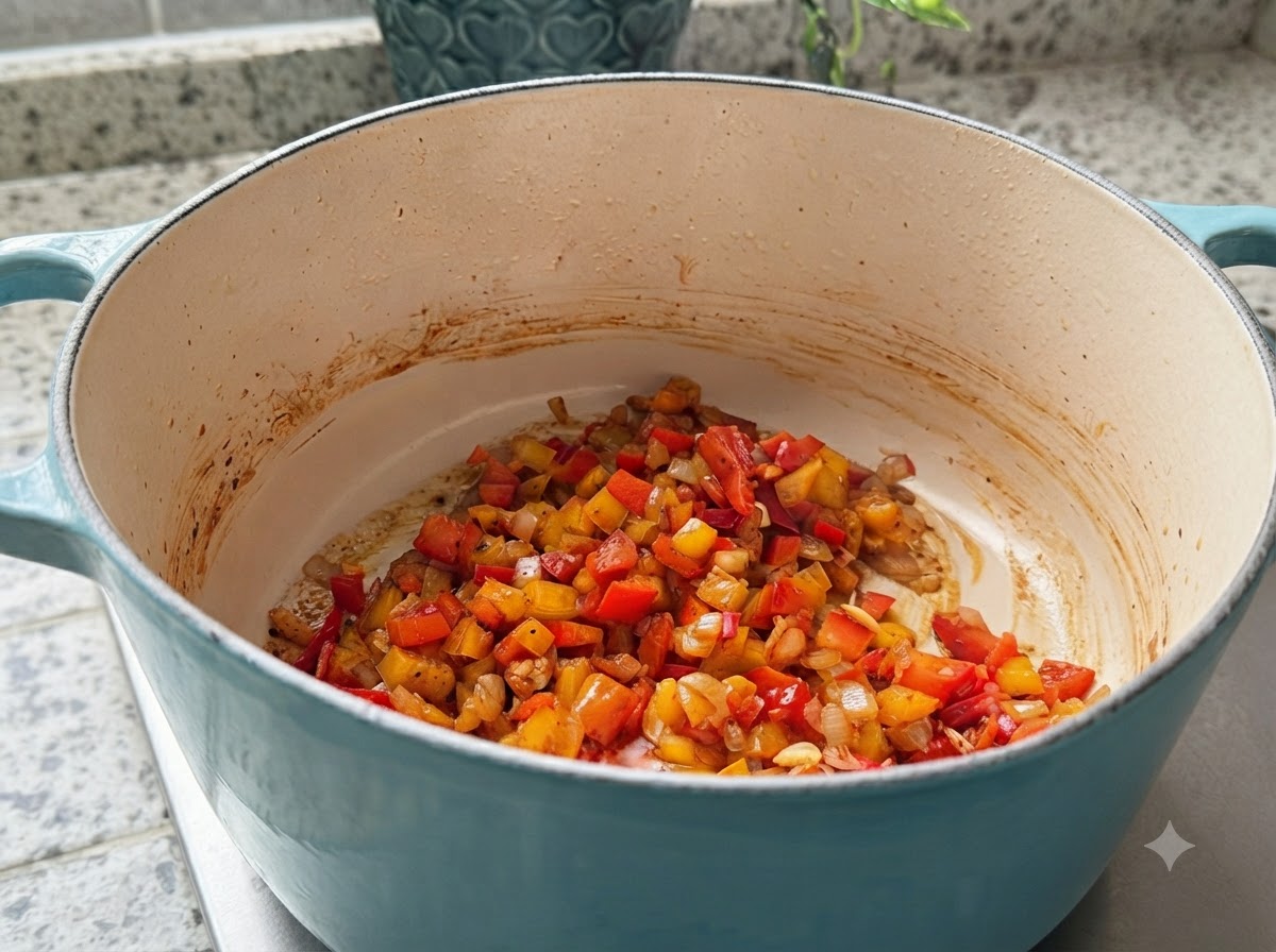 Eine Pfanne mit angebratenen Paprikaschoten, Zwiebeln und Gewürzen, nach dem Weißwein hinzugefügt und kurz mitgeröstet wurde.