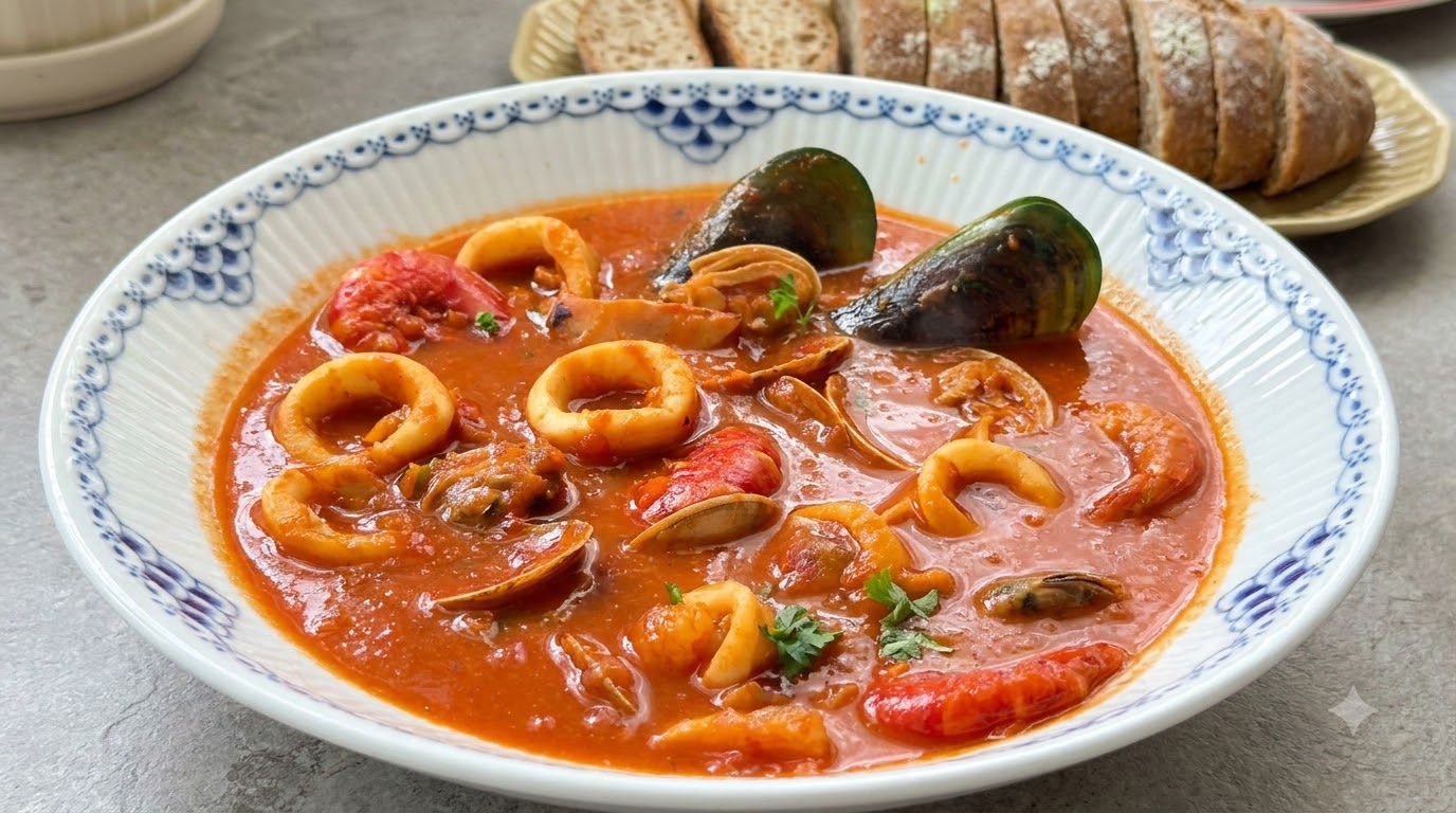 Traditionelle spanische Meeresfrüchtesuppe (Sopa de Mariscos)