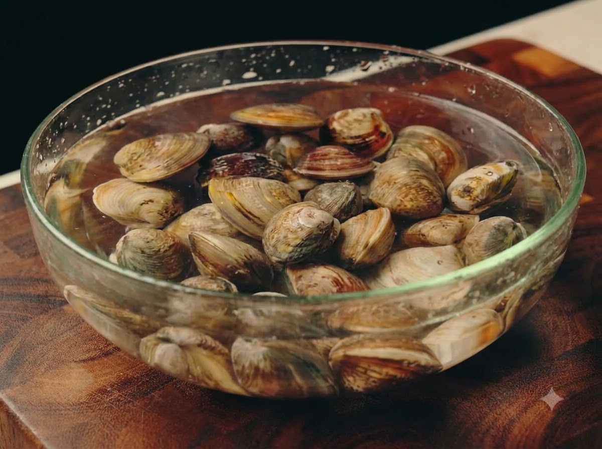 Frische Muscheln baden in einer klaren Glasschüssel mit Wasser auf einer Holzoberfläche.