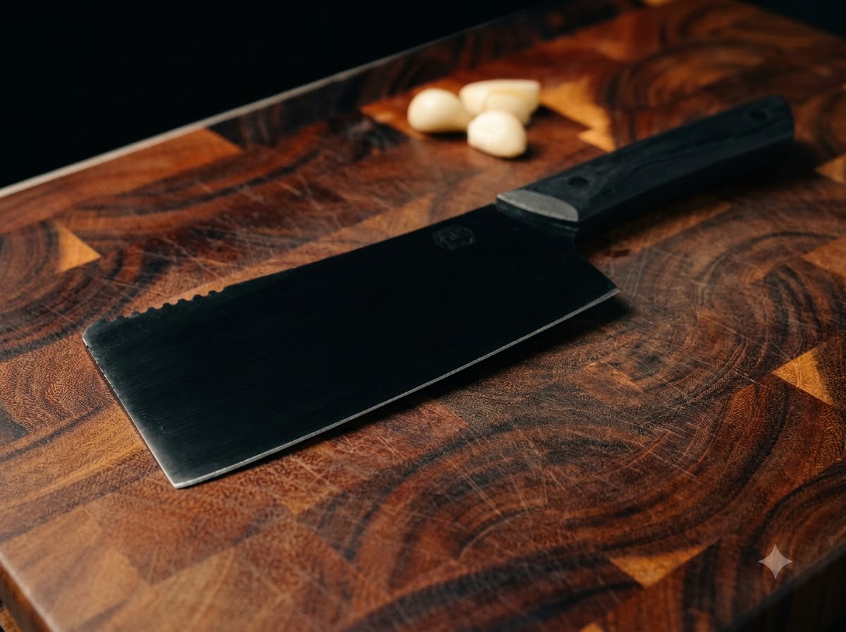 Ein Hackmesser mit schwarzem Griff drückt auf geschälte Knoblauchzehen auf einem dunklen Holzbrett.