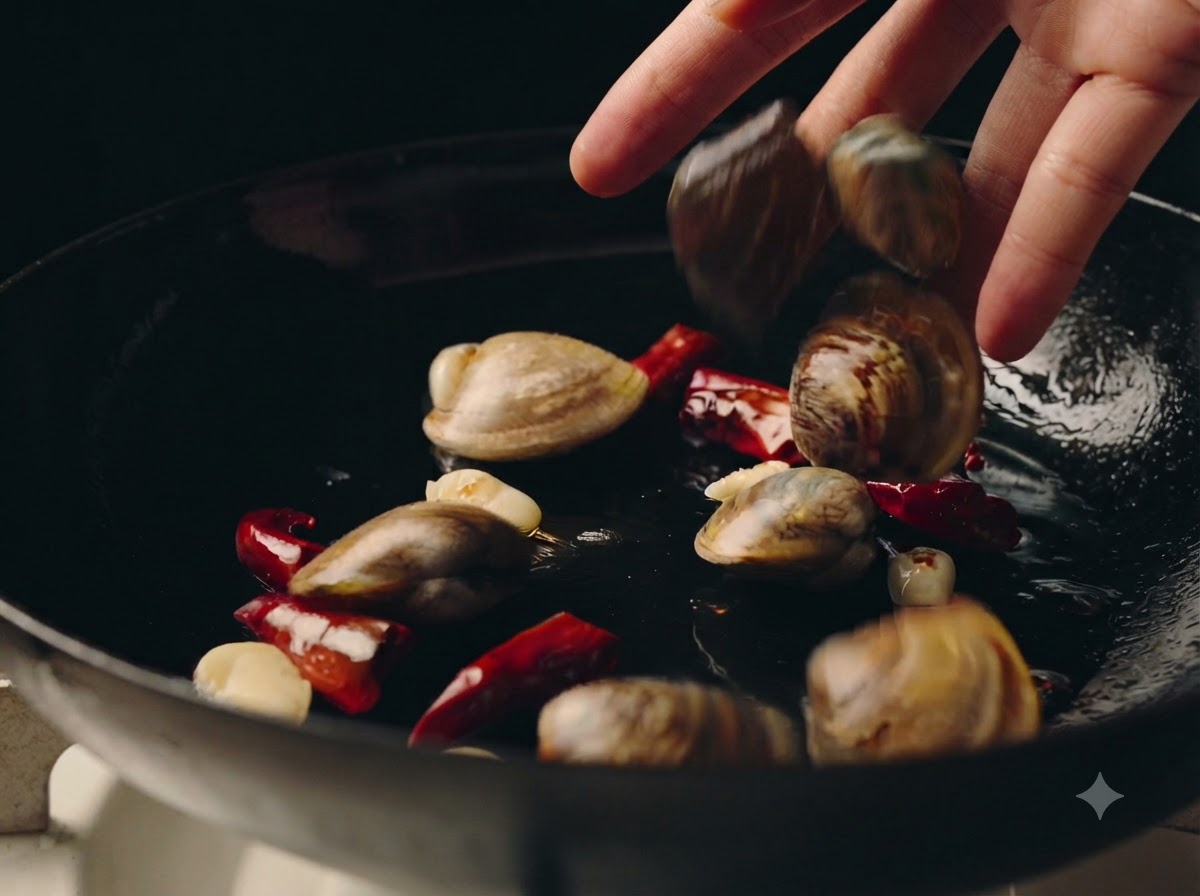 Frische Muscheln werden von Hand in eine heiße Pfanne mit Knoblauchzehen und getrockneten Chilischoten gegeben.