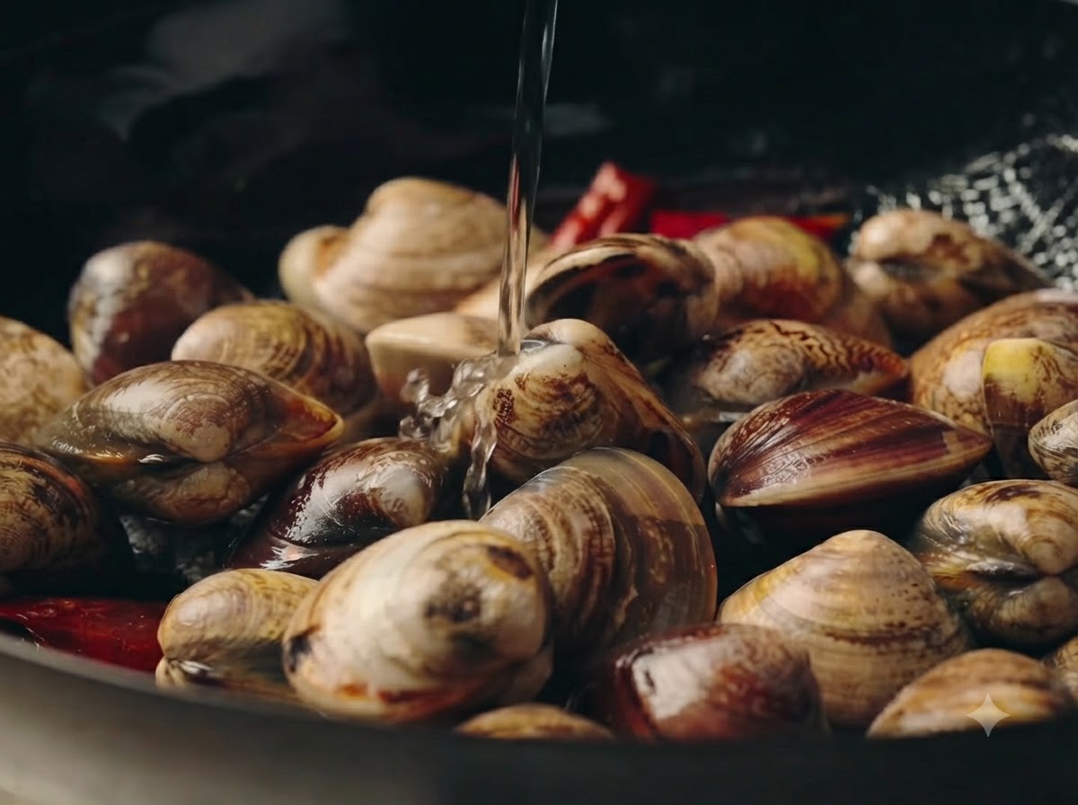Klarer Sake wird aus einem Messbecher in eine mit Muscheln und Aromaten gefüllte Pfanne gegossen.