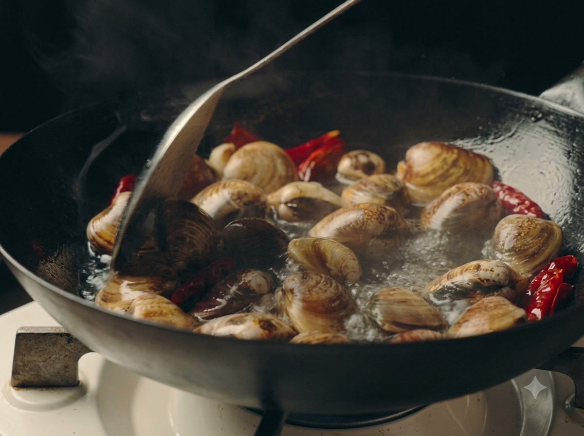 Muscheln köcheln und öffnen sich in der Brühe in einer Pfanne, während sie mit einem Spatel umgerührt werden.