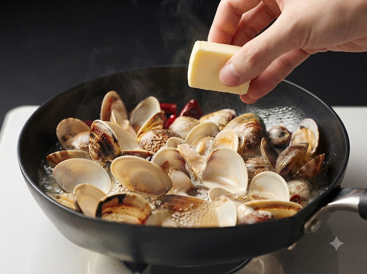 Ein kleines Stück Butter wird in eine Pfanne mit köchelnden Muscheln und Brühe gegeben.